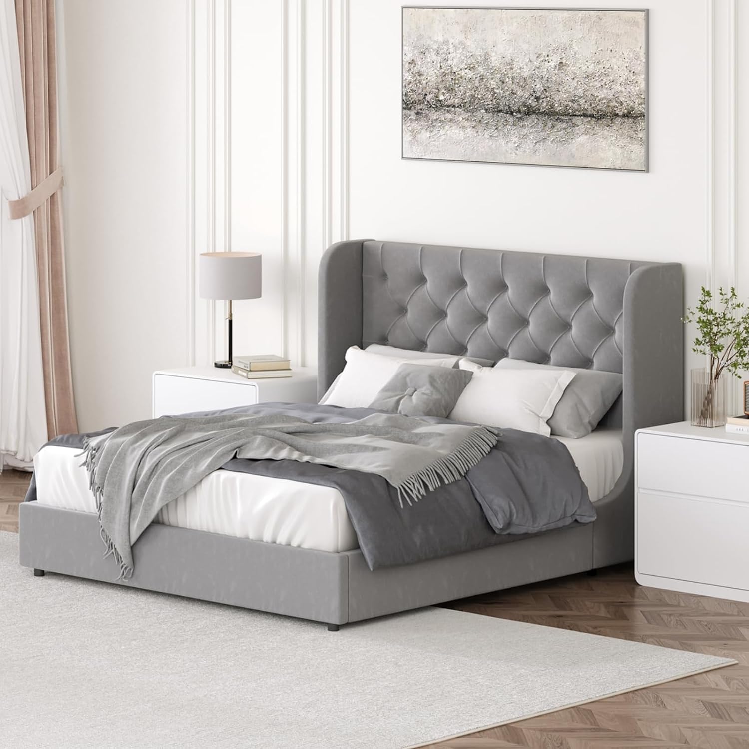 HOMBCK Full Size Bed Frame with Headboard, Upholstered Platform Bed, White | Velvet Tufted Curved Wingback/Wooden Slats Support/No Box Spring Needed/Noise-Free/Easy Assembly
