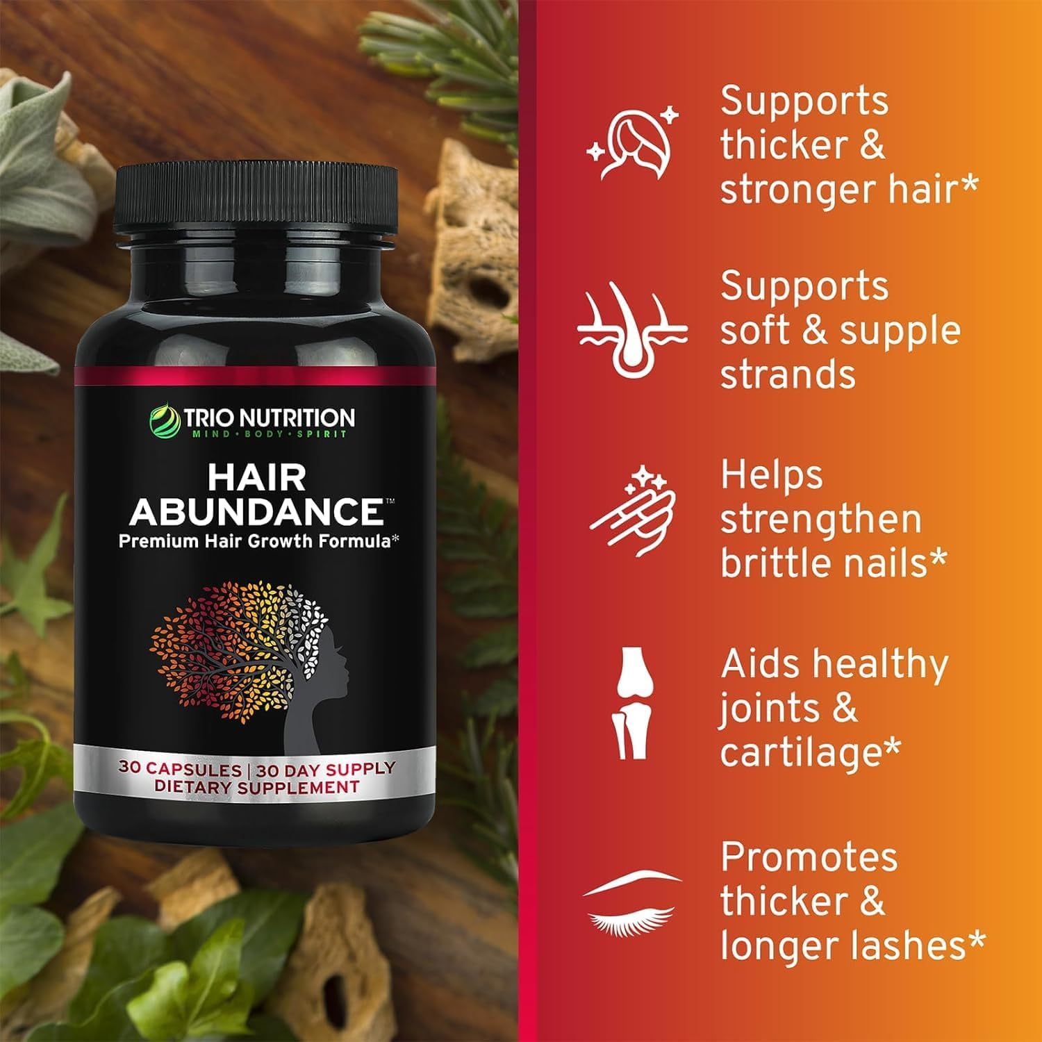 TRIO NUTRITION Hair Abundance Biotin 10,000mcg: Hair Growth, Skin & Nails | Biotin (Vitamin B7), collagen, keratin, bamboo silica, zinc & selenium. Hair & lash vitamins supplement for women & men.*