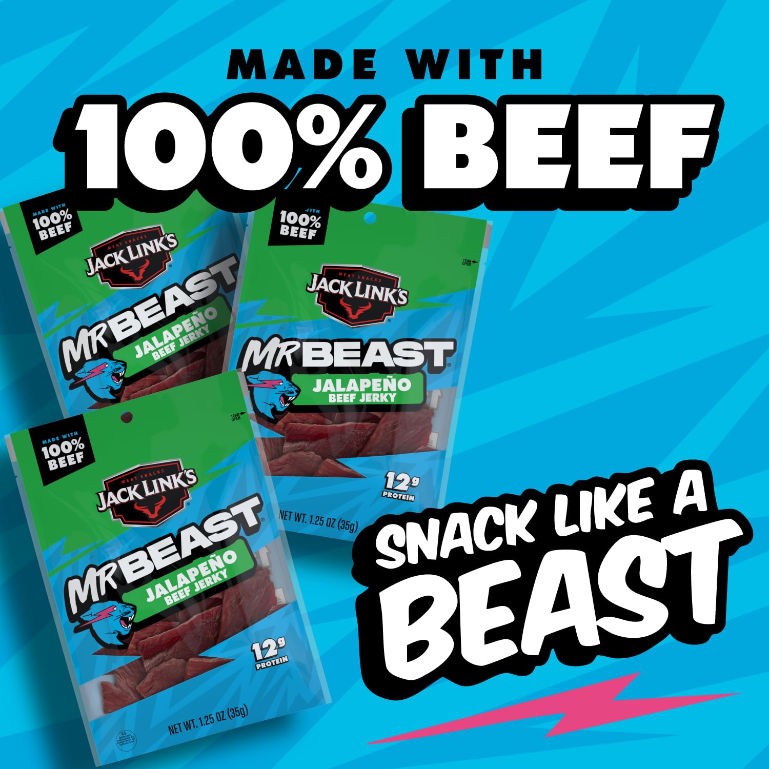 Jack Link's MrBeast Beef Jerky, Peppered Beef Jerky - 10 Count | As Seen on Beast Games, 11g Protein, Made with 100% Real Beef, Pantry-Ready Snacks