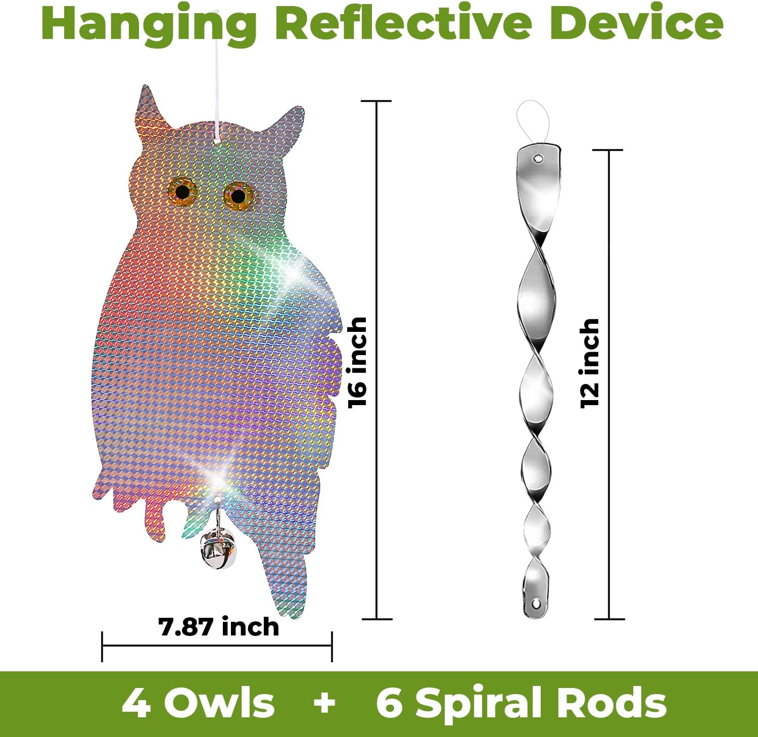 Dyvicl Fake Owl Hanging Reflective Owl for Woodpecker Deterrent 4 Pack, Bonus 6 Reflective Scare Spiral Rods