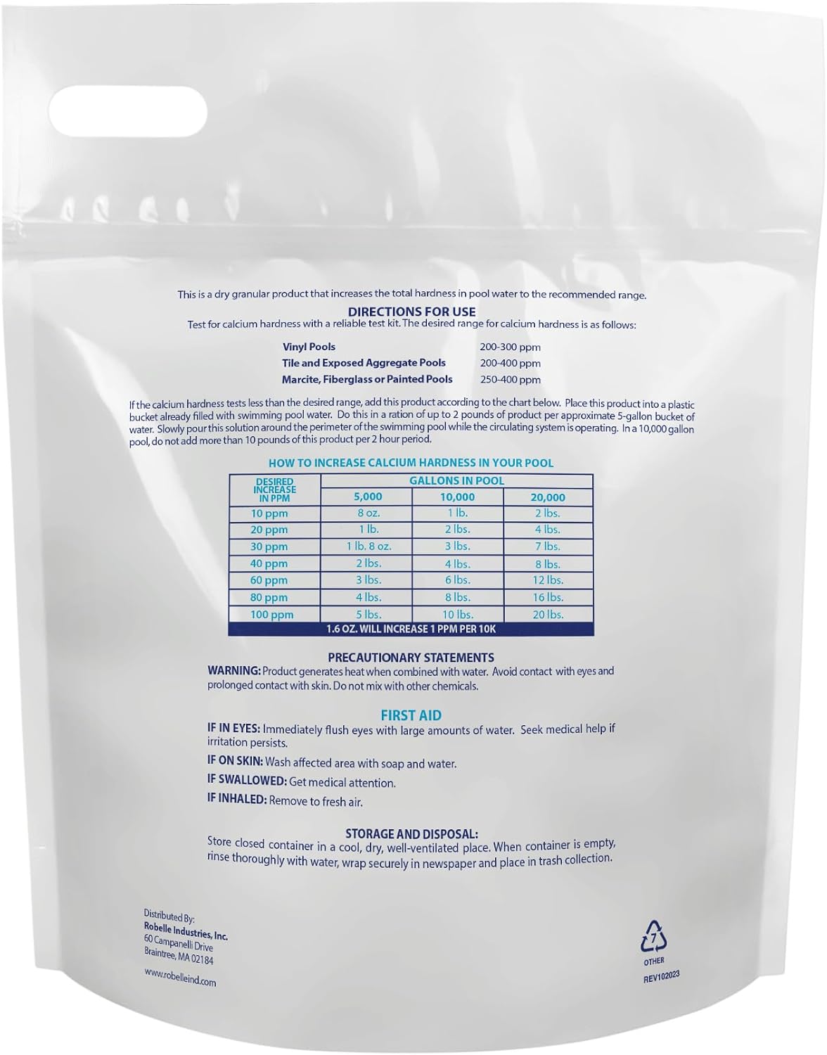 Robelle 8-Pounds Premium Pool Calcium Up | Pool Calcium Hardness Increaser, 100% Calcium Chloride, 8 ounces raises calcium hardness level 10 ppm per 5,000 gallons