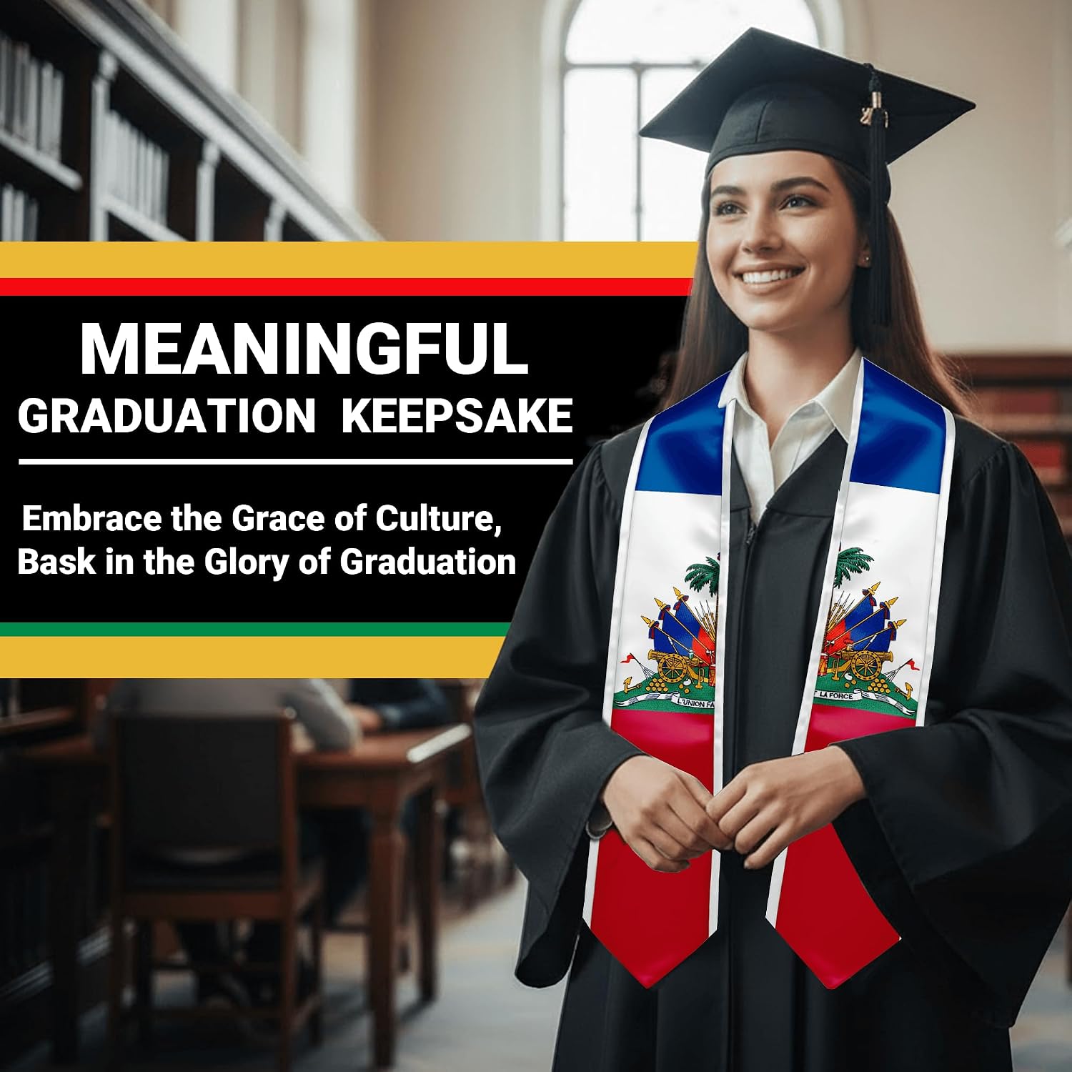 YOXEULL National Flag Embroidered Graduation Stole with Trim, Graduation Sash Graduates Gift, 72"