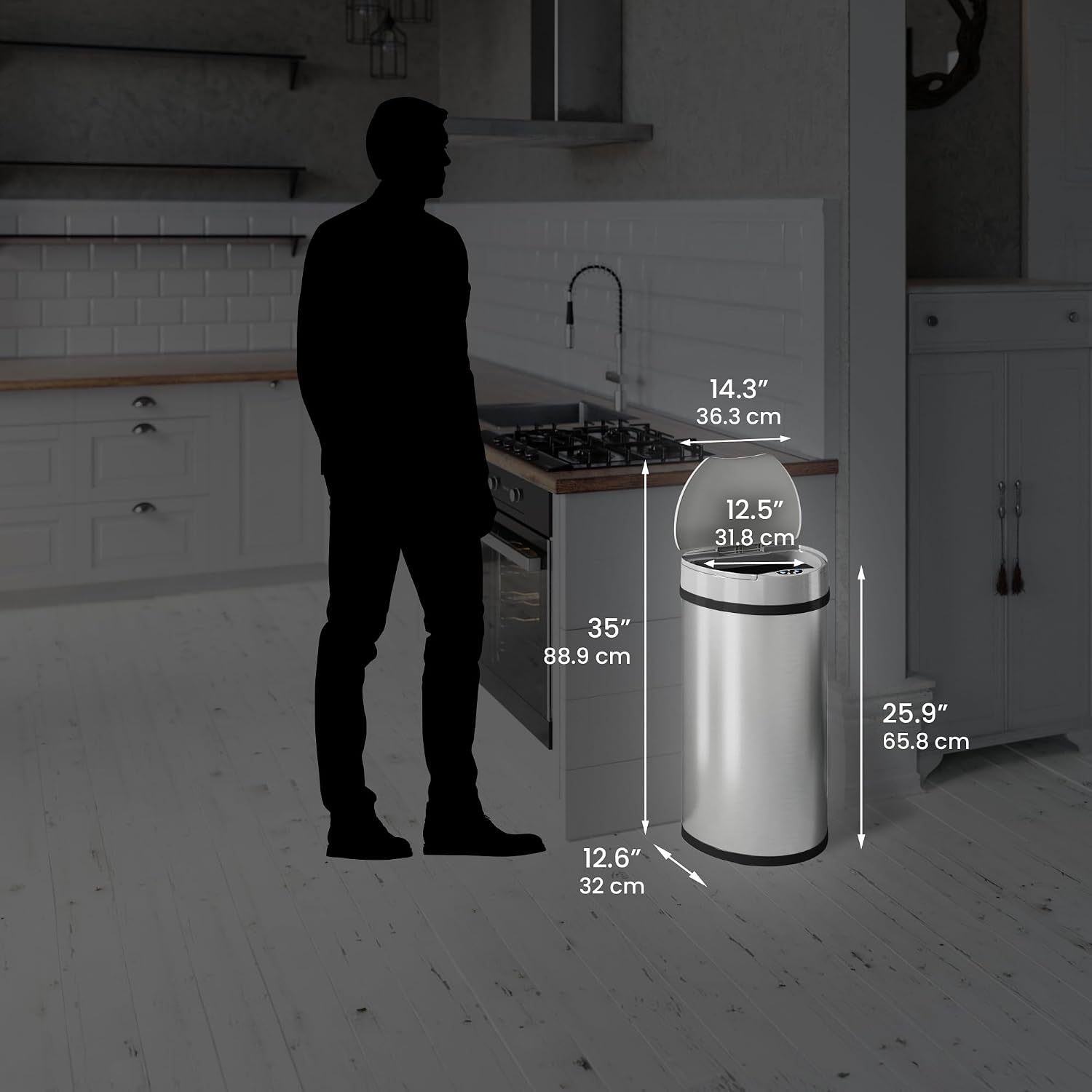 iTouchless 50 Liter / 13 Gallon Kitchen Trash Can with Lid & Deodorizer – Motion Sensor Semi-Round Stainless Steel Garbage Bin for Home, Office, or Garage – Slim, Wide Opening Large Capacity Design