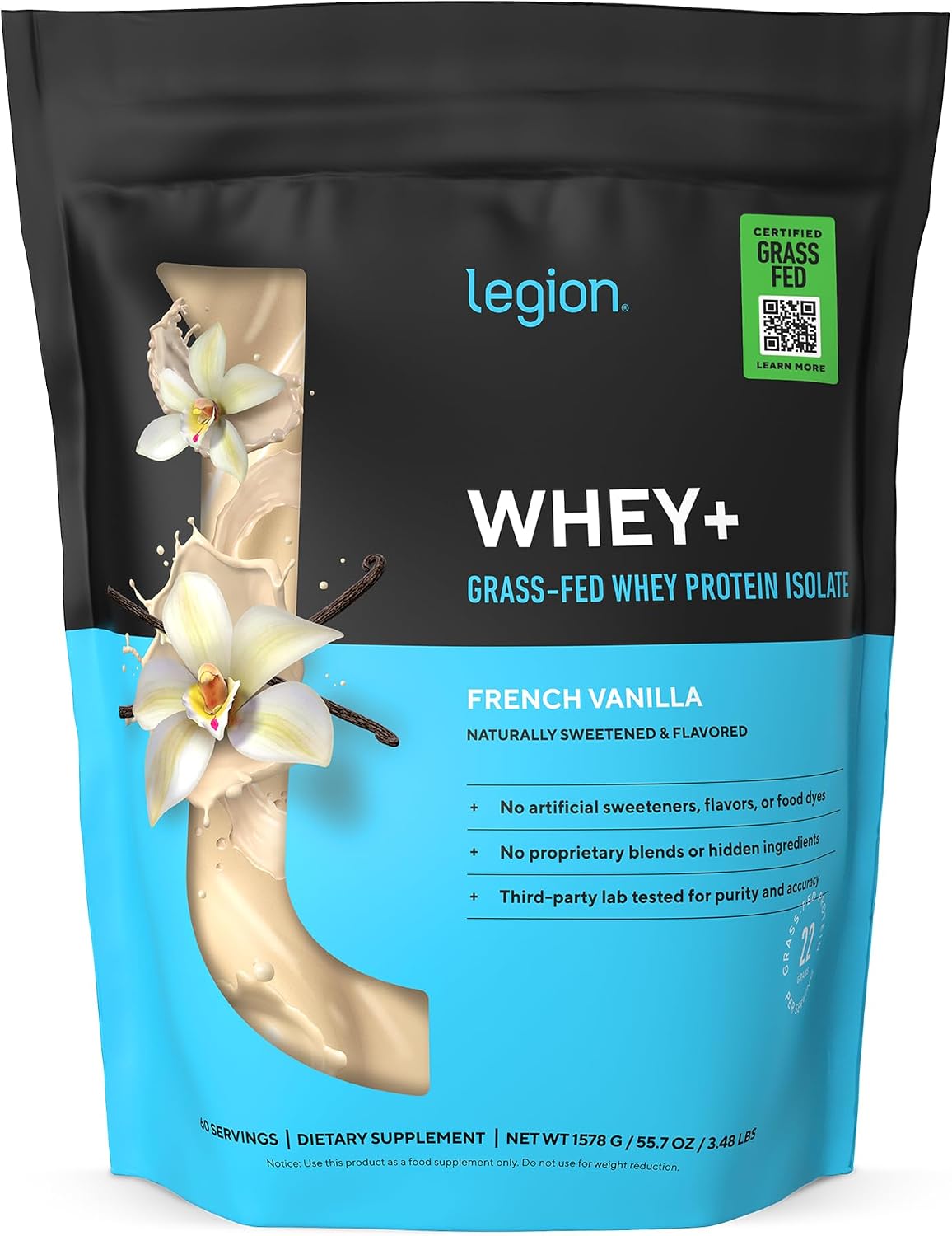 LEGION Whey+ Protein Whey Isolate from Grass Fed Cows (French Vanilla, 30 Servings) - Whey Protein Isolate Powder, Low Calorie, Non-GMO, Sugar Free, Lactose and Gluten Free, All Natural Protein Powder