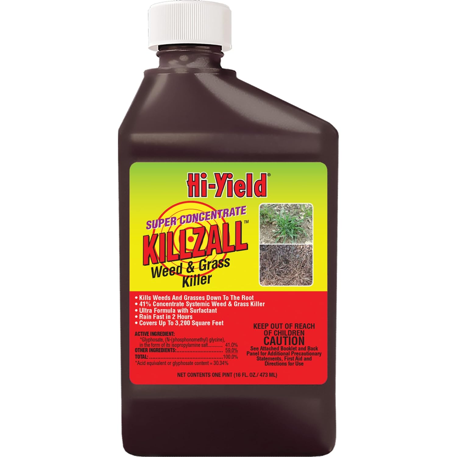 Hi-Yield (33692) Super Concentrate Killzall Weed & Grass Killer (32 oz) | Glyphosate 41% super concentrate - Kills weeds & grasses to root, mixes to treat large areas, 32 oz - Serious DIYers