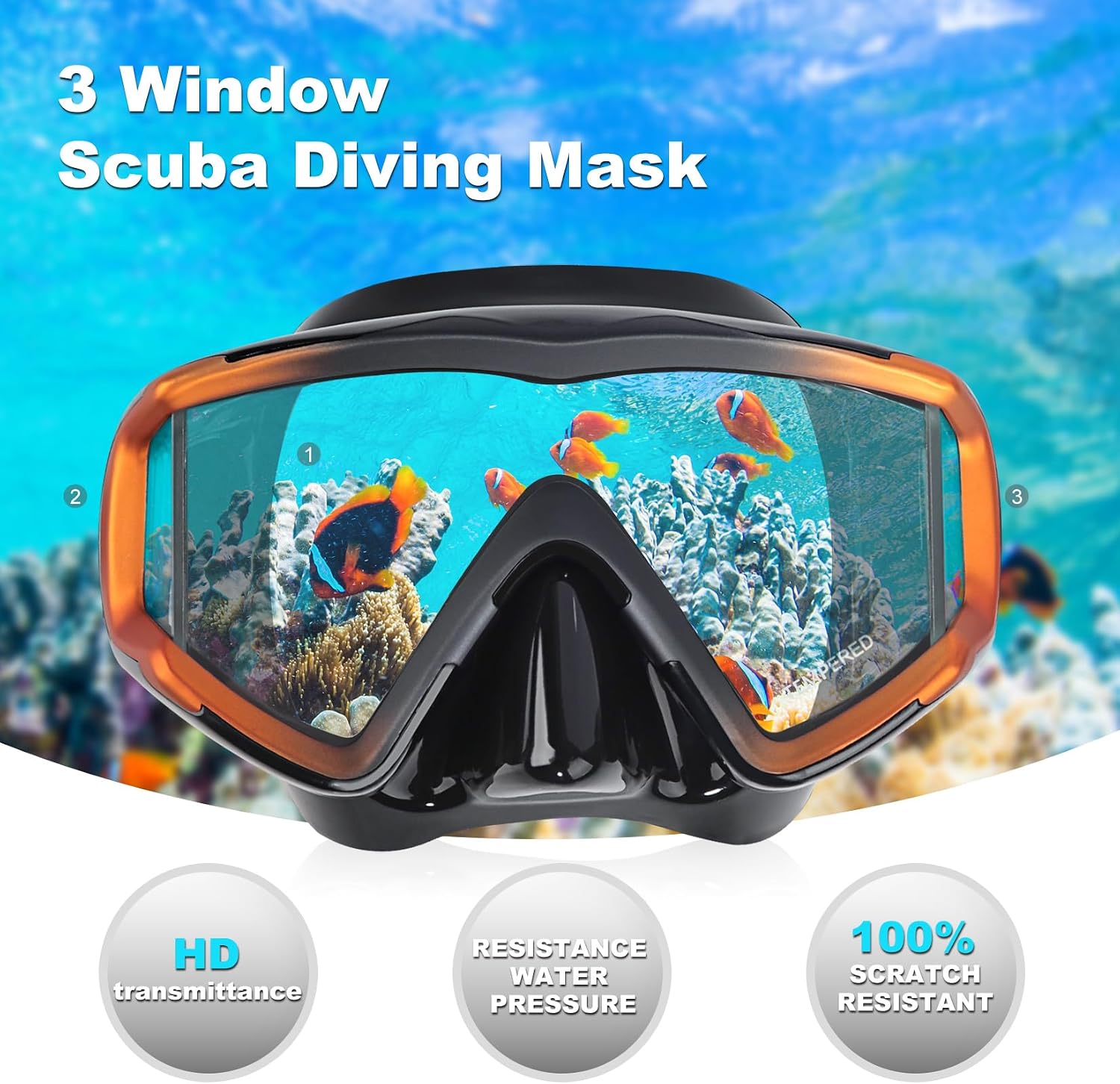 Adult Pano 3 Scuba Diving Mask, Tempered Glass Snorkel Mask Anti-Fog Swim Mask No Leakage Swim Goggles with Nose Cover Snorkeling Gear for Snorkeling