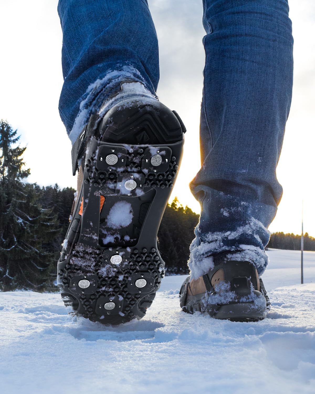 Sportneer Crampons： Ice Cleats for Shoes and Boots with 28 Spikes - Traction Slip-on Stretch Footwear for Walking and Shoveling on Ice and Snow - Lightweight for Women and Men