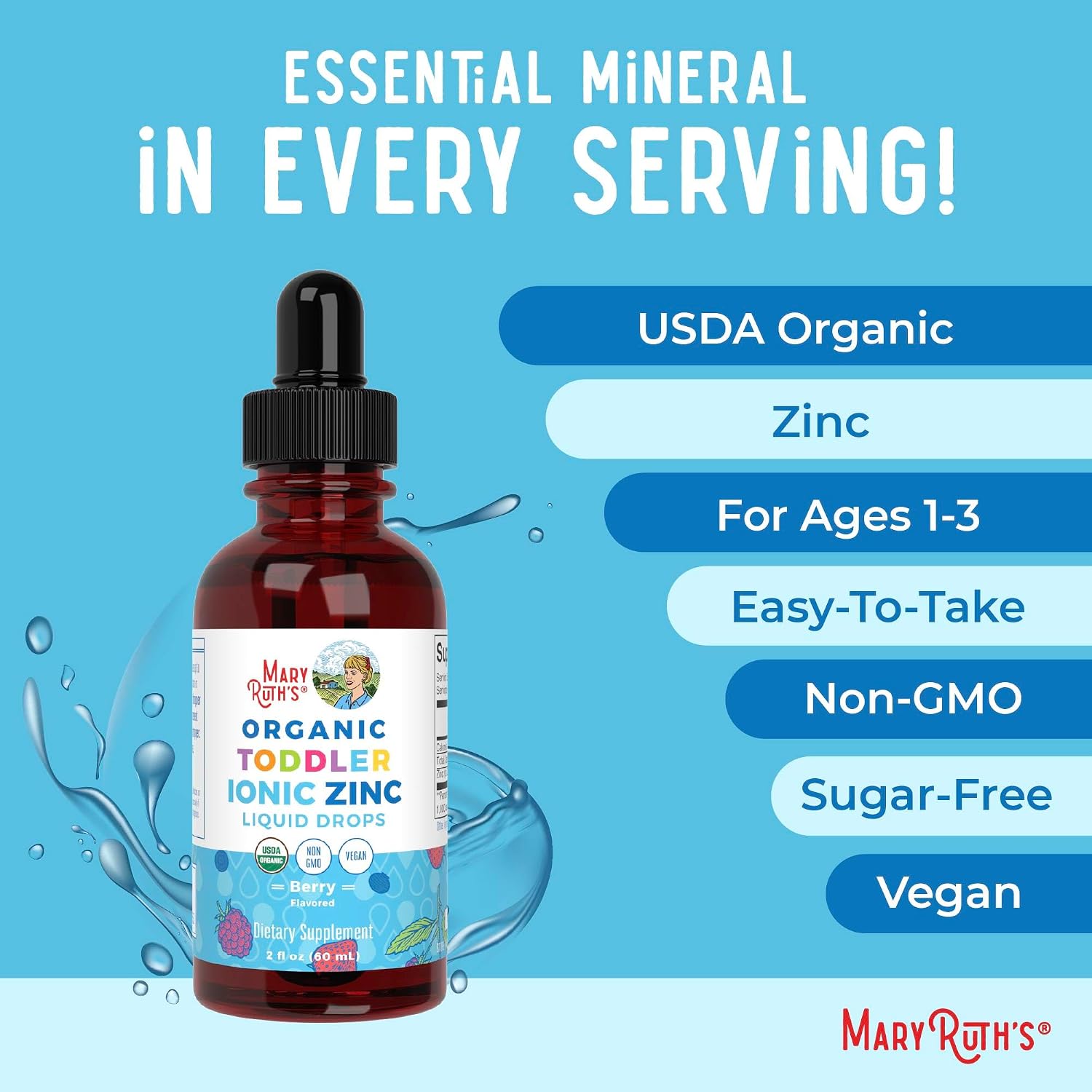 MaryRuth's Organic Toddler Zinc Liquid Drops, Berry Flavor, Vegan, 2 Fl Oz