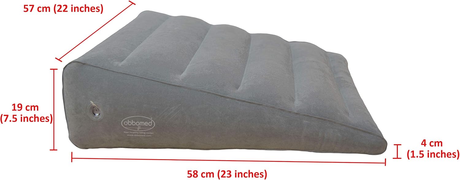 ObboMed HR-7510 Inflatable Portable Bed Wedge Pillow with Velour Surface for Sleeping, Travel, Trip Vacation, Horizontal Indention Prevent Sliding, 23” x 22” x(7.5”~1.5”), Cyan