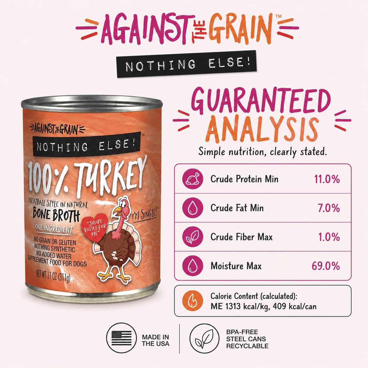 Against The Grain Nothing Else! 100% Salmon Dog Food – 12 Count, 11 oz Each – Single-Ingredient Meatball Texture in Natural Broth – Wet Dog Food – Grain & Gluten Free