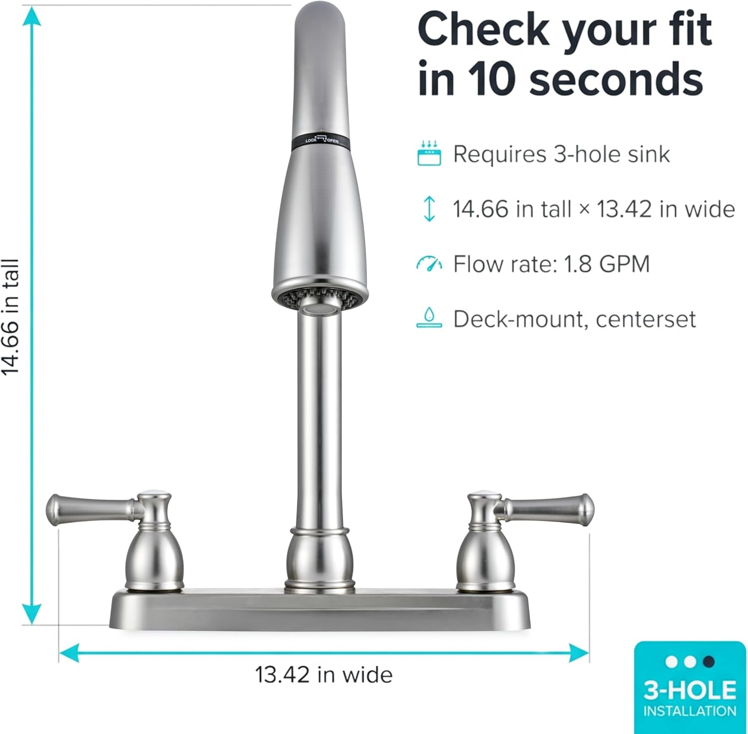 Dura Faucet DF-PK350L-SN RV Pull-Down Kitchen Sink Faucet (Satin Nickel) | Stream-to-spray sprayer with a corrosion-resistant non-metallic build. Brushed Satin Nickel. Plated ABS plastic (not metal).