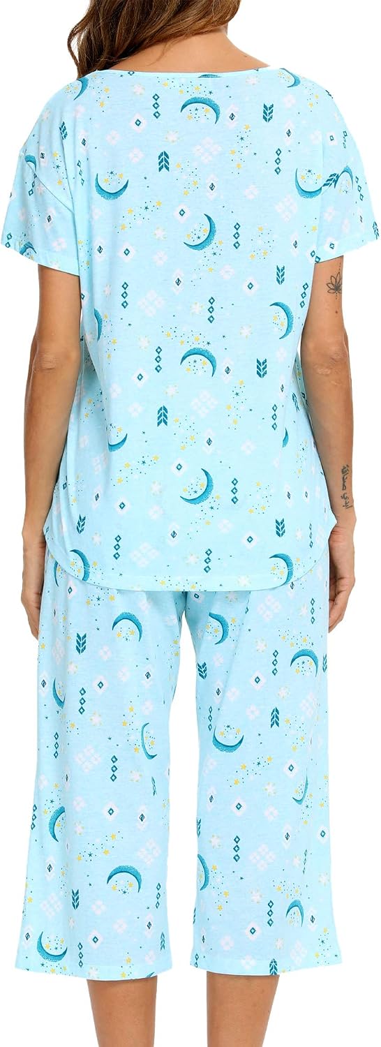 ENJOYNIGHT Womens Pajama Set Cotton Summer Pj Top with Capri Pant Sleepwear