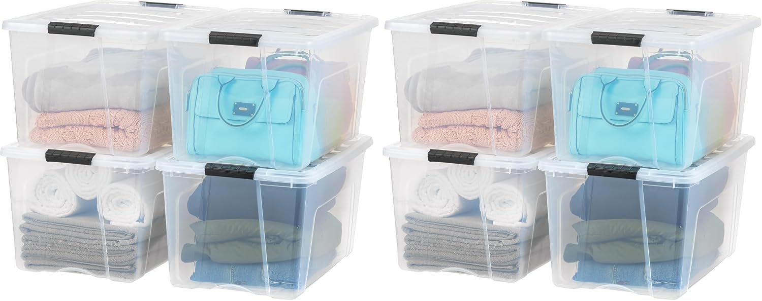 IRIS USA 6-Pack 54 Quart Storage Bins with Lids, Clear | Transparent design makes contents easy to find. Perfect for moving, blankets, clothing, and garage storage. Nestable design
