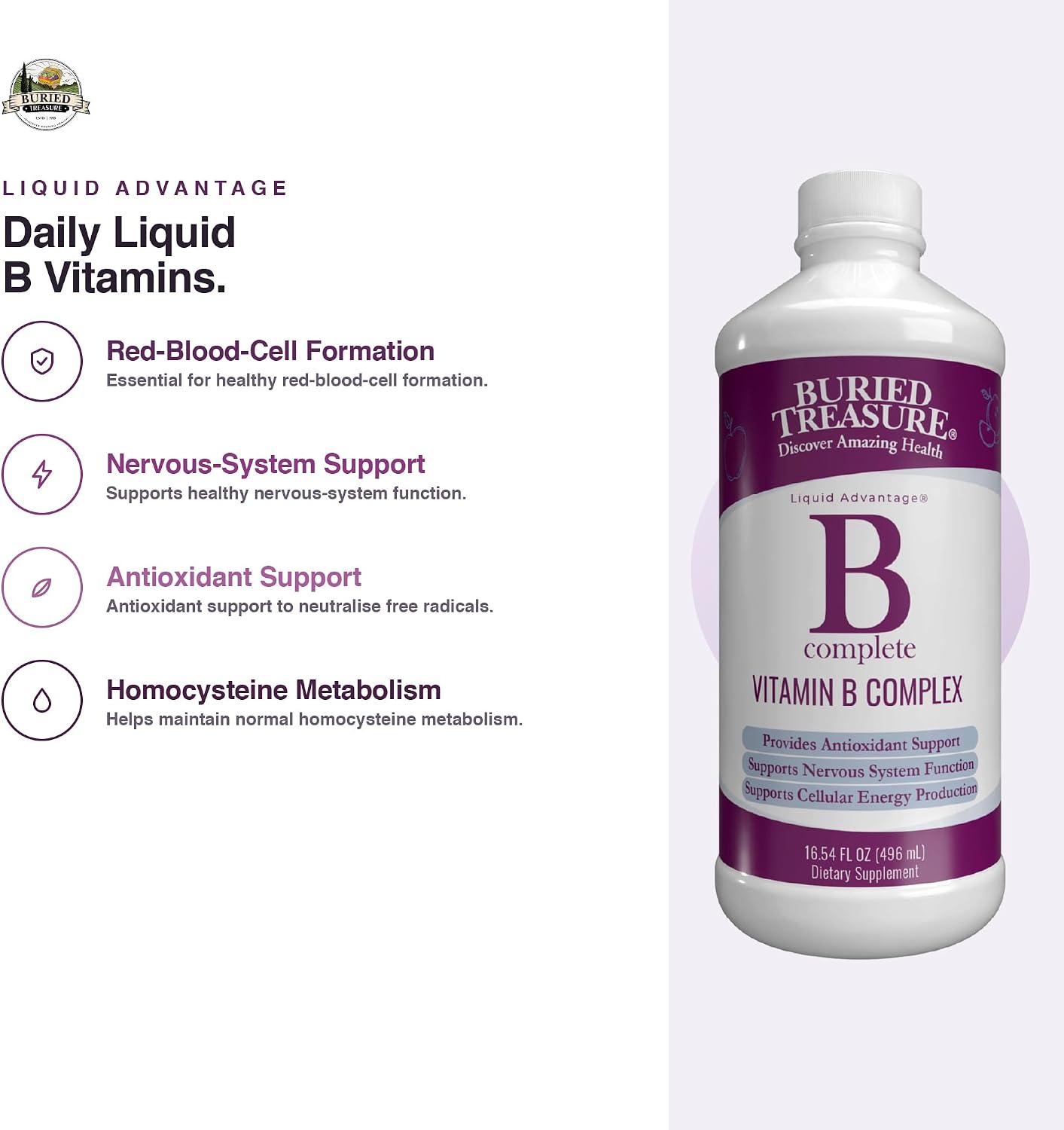 Buried Treasure B Complete - 16 Fl oz, All 8 B Vitamins with Methylated B12 & Methylfolate, Biotin, B1, B2, B6, Antioxidant Support