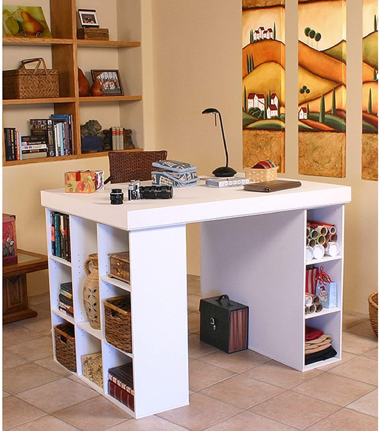 Project Center Desk with Bookcase and 3 Bin Cabinet-Oak