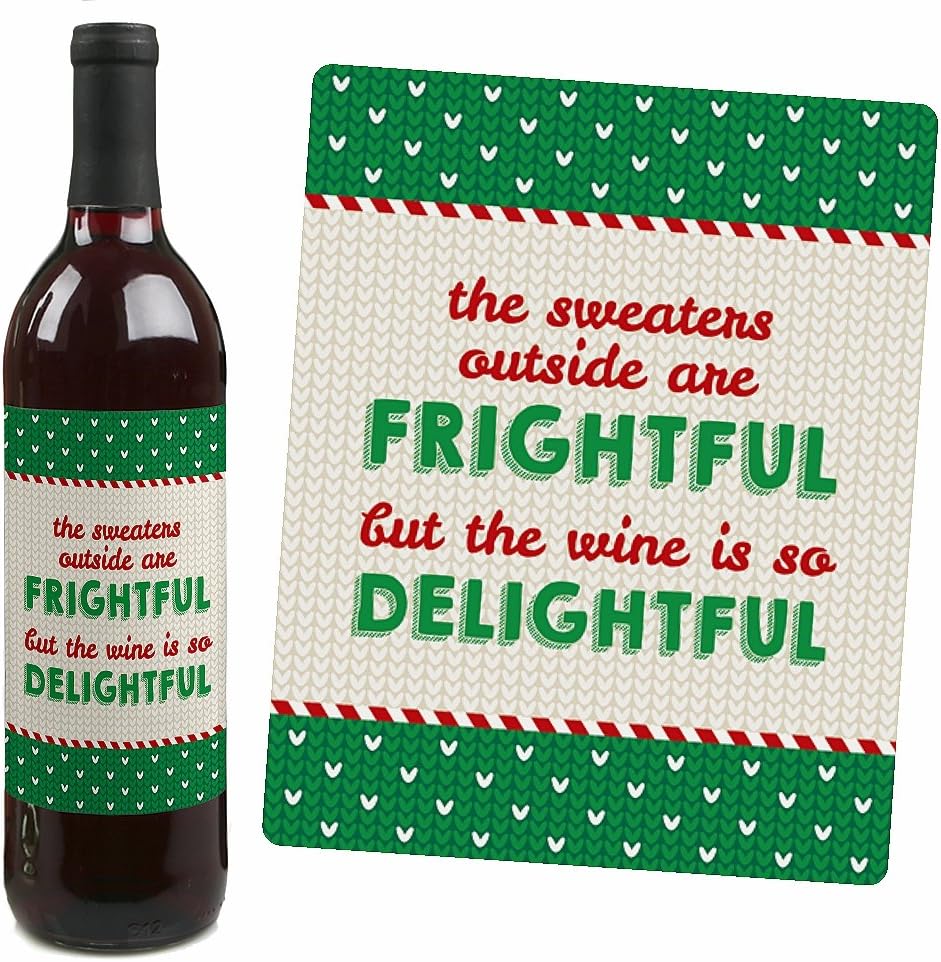 Big Dot of Happiness Ugly Sweater - Holiday and Christmas Wine Bottle Label Stickers - Set of 4