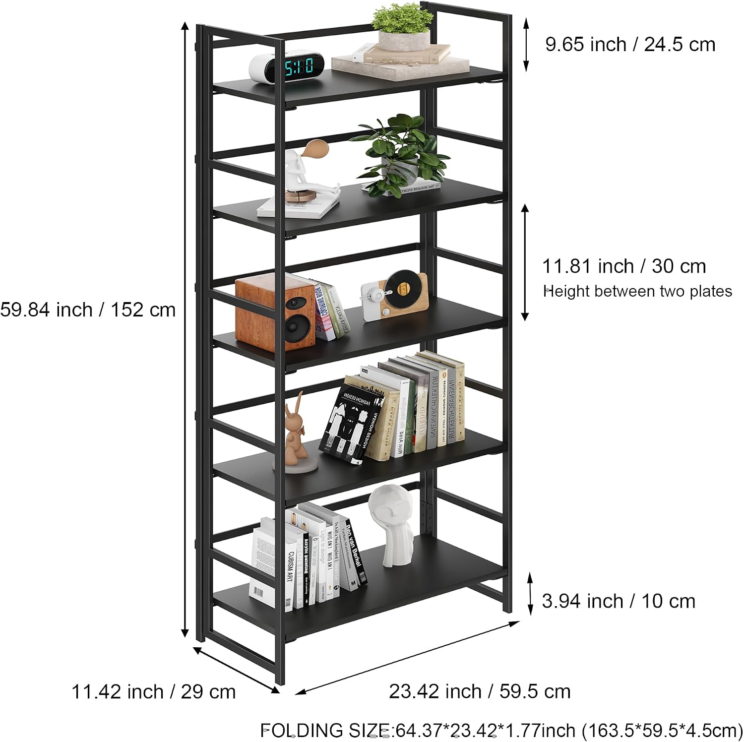 Vintage Multifunctional Folding Bookshelf, No-Assembly Plant Stand Storage Rack Shelves for Home Office (Fire, 5-Tier)