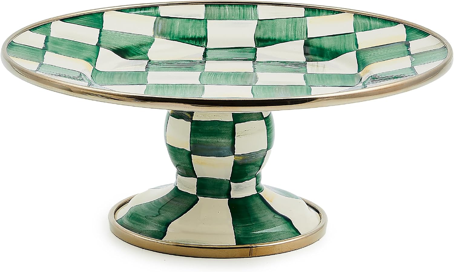 MACKENZIE-CHILDS Pedestal Platter, Mini, Black-and-White Courtly Check | Hand-painted design, made from enameled steel, stackable round cake stand for serving desserts, 8" dia. x 3" H