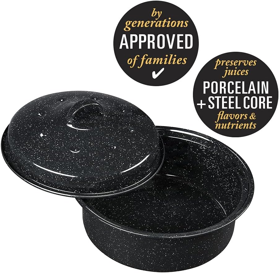 Granite Ware 13" Oval Roaster with Lid – Enameled Steel, Oven Safe to 932°F – Ideal for Roasting, Baking & Sourdough Bread – Self-Basting Cover, Dishwasher Safe, 7 lb Capacity | Oval Roaster Capacity, Roasts Up To 7 Lb Poultry Or Meat, Covered Cooking fo…