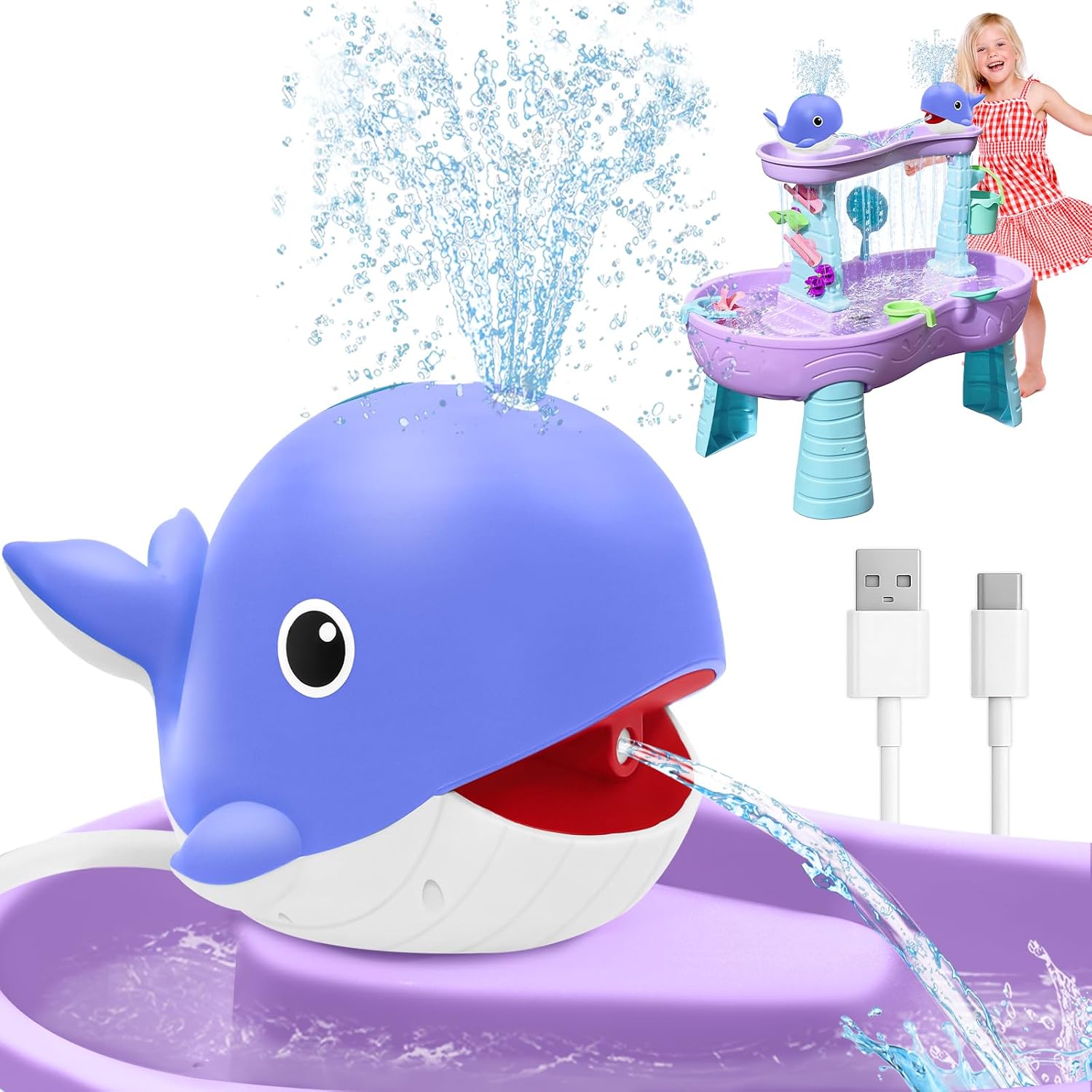 Water Table Pump, Rechargeable Water Pump for Water Table, 3.5 Hours Non-Stop Whale Pump with Sprinkler Outdoor Games Water Toys for Kids Toddlers, Outside Water Play Table Accessories (Blue)
