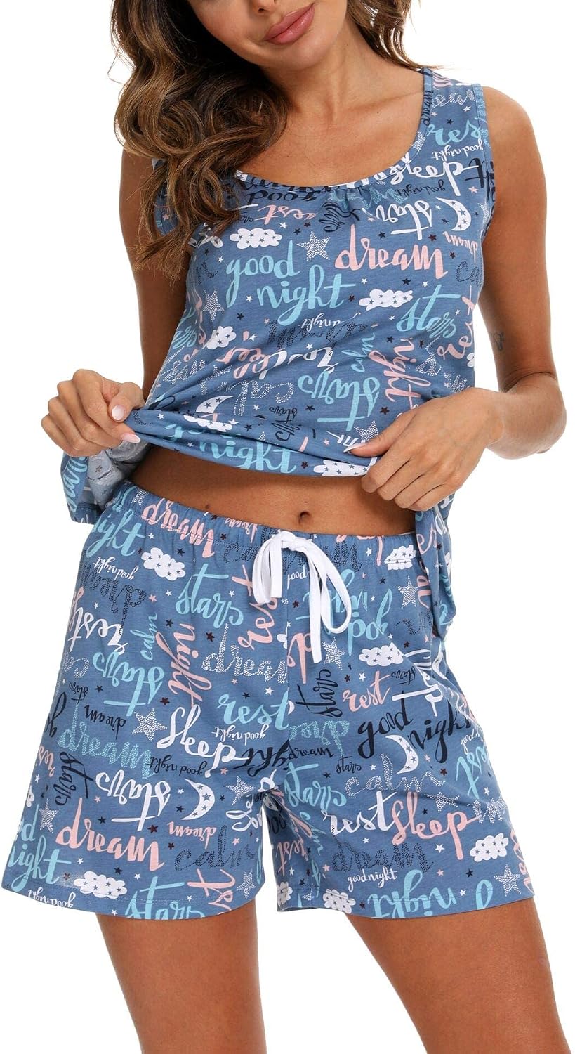 ENJOYNIGHT Womens Pajama Set Cotton Summer Sleep Tank and Shorts Pjs
