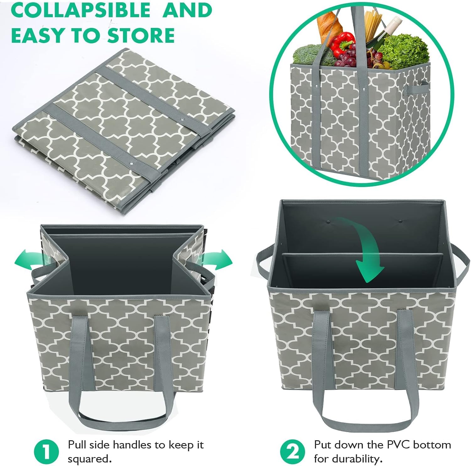 WISELIFE Reusable Grocery Bags 3-Pack Foldable Washable Large Storage Bins Basket Water Resistant Shopping Tote Bag Black