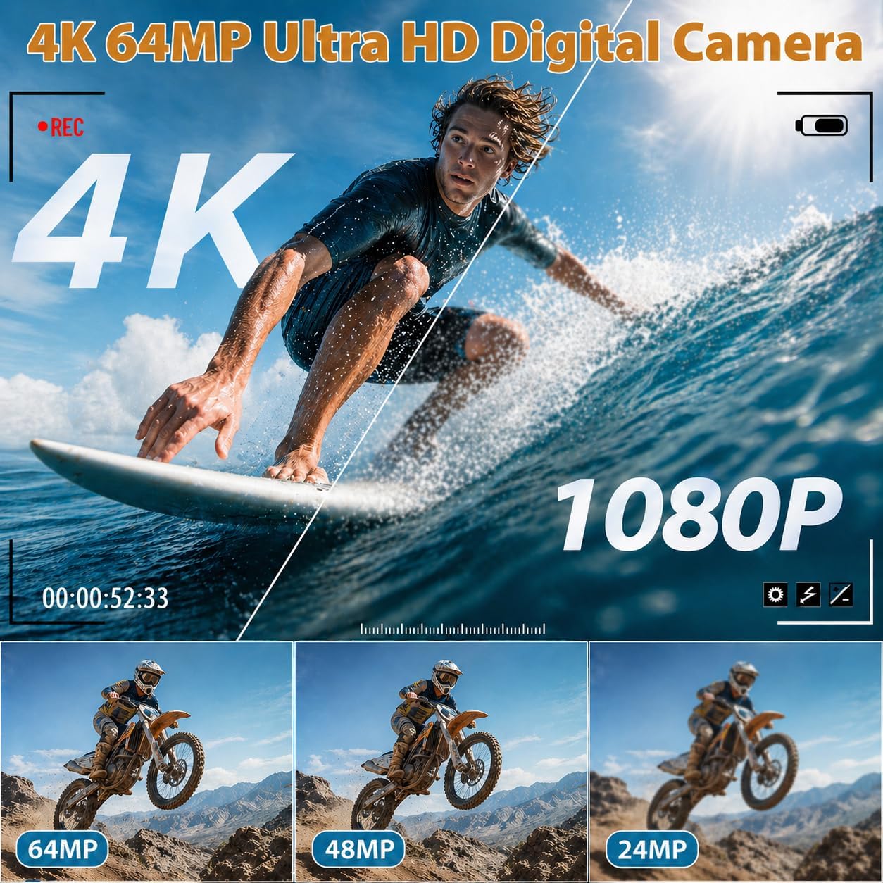 4K Digital Camera for Photography, 64MP Vlogging Camera for YouTube with 3" 180° Flip Screen, WiFi Compact Camera with 18X Digital Zoom, Comes with 32GB Micro SD Card & 2 Batteries, Black