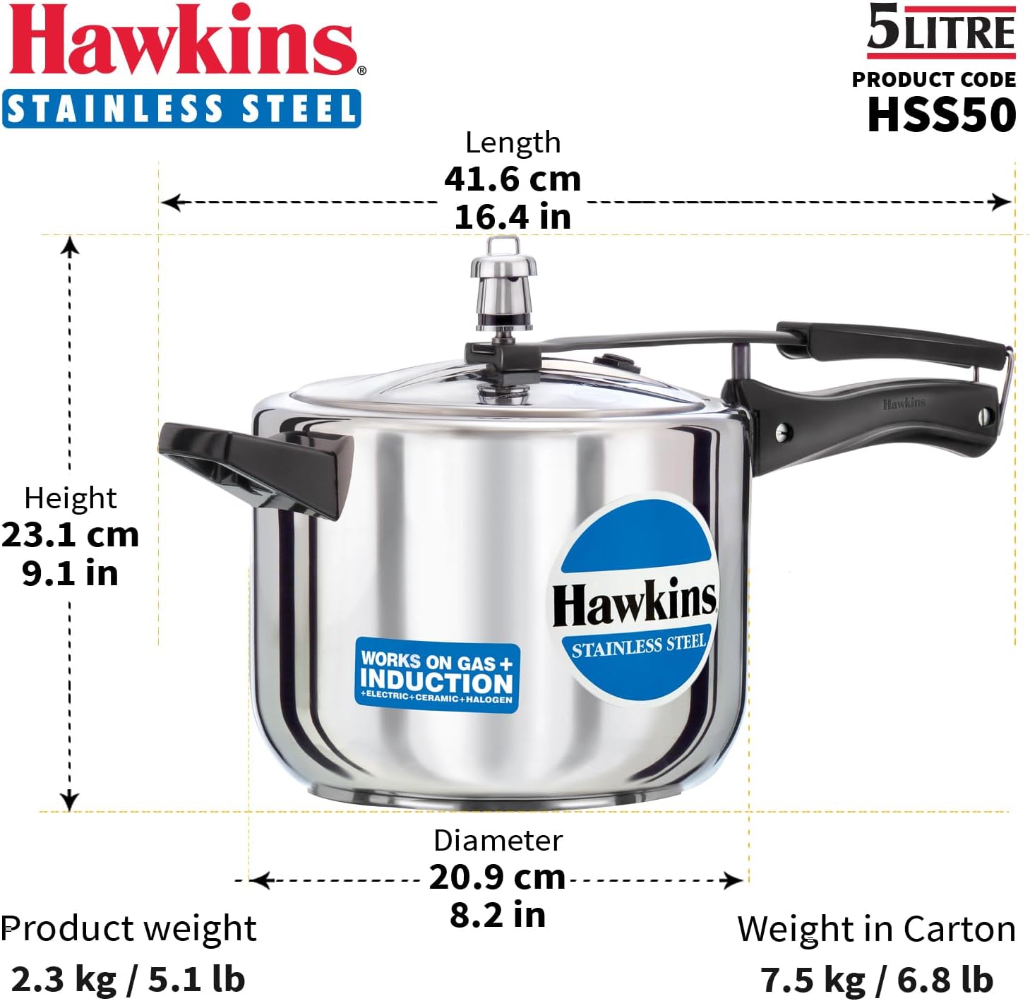 Hawkins 5 Litre Pressure Cooker, Stainless Steel Inner Lid Cooker, Induction Cooker, Silver (HSS50)