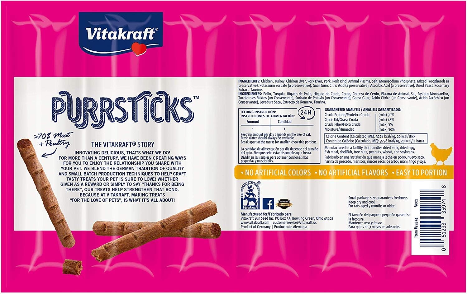 Vitakraft 3 Pack of Chicken Purrsticks Cat Treats