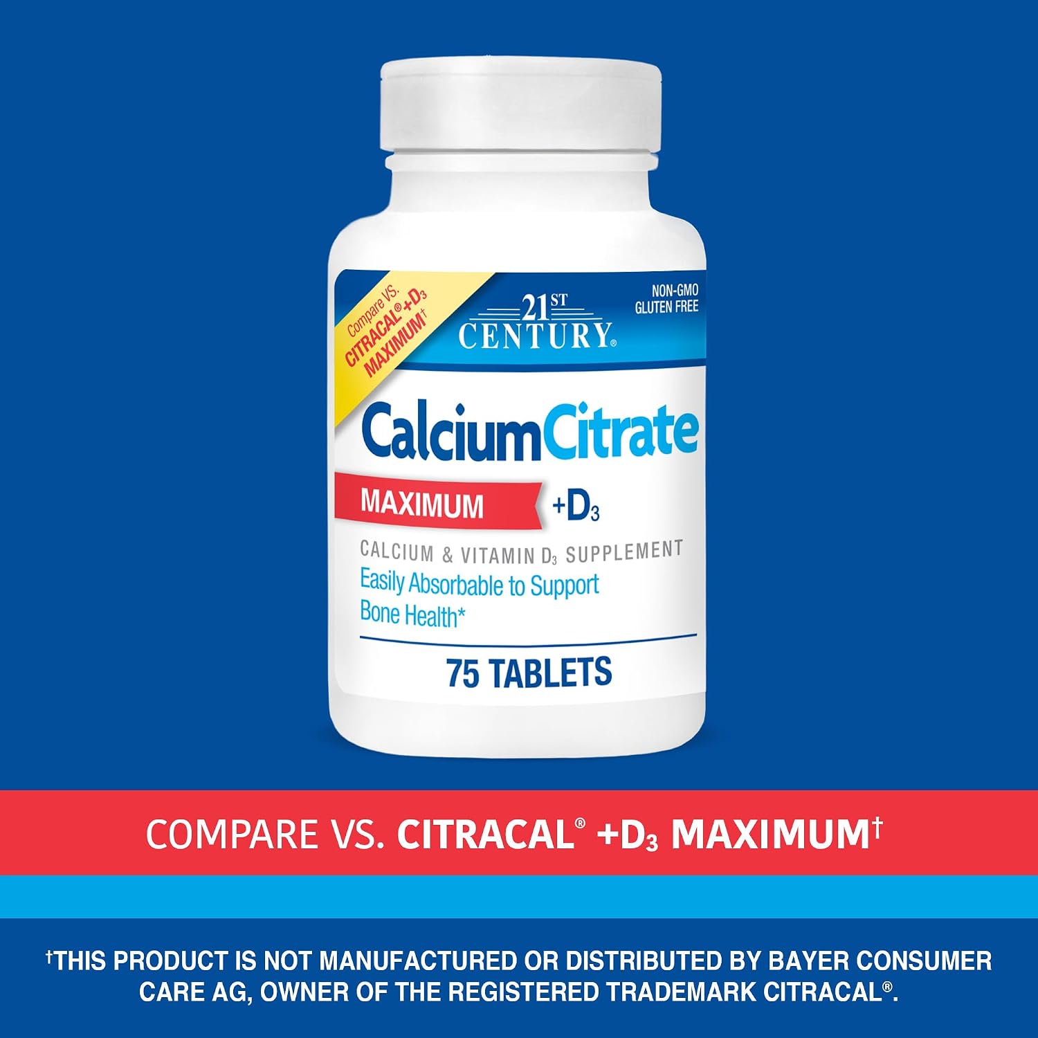 21st Century Calcium Citrate Plus D3 Maximum - 630 mg Calcium, Bone Health Support, Easily Absorbable, Gluten Free, Non-GMO, Compare to Citracal +D3, 400 Tablets