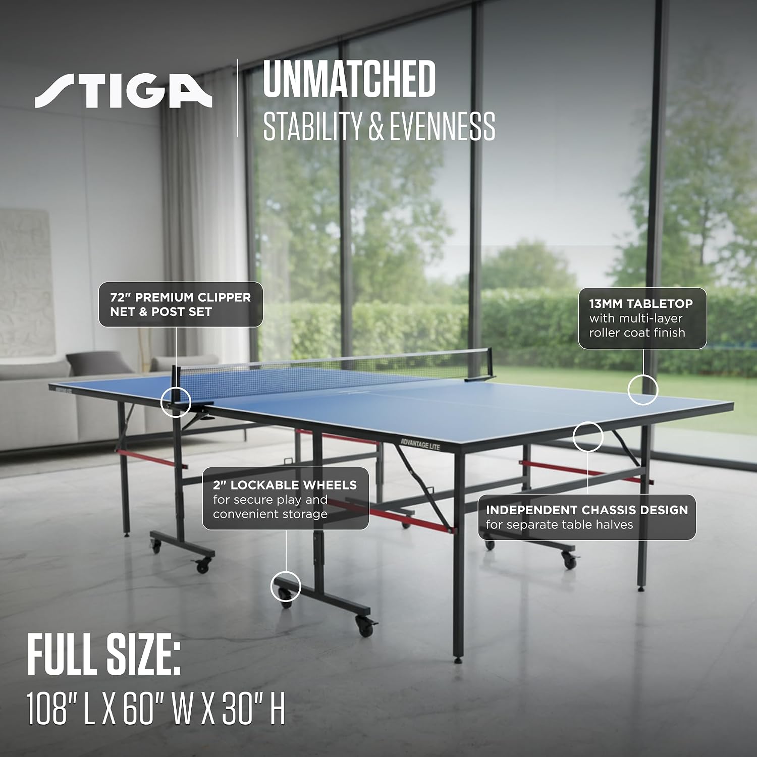 STIGA Advantage Series Indoor Ping Pong Table, Foldable Table Tennis Table - 13, 15, 18, and 25mm Tabletops - Quickplay 10 Minute Assembly - Playback Mode - Recreational- to Tournament-Level