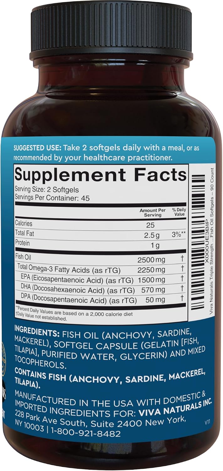 Viva Naturals Triple Strength Omega 3 Fish Oil Pills – 2500 mg High-Potency Formula with 2250 mg Omega 3 Fatty Acids (Including EPA, DHA, DPA) in rTG Form for Absorption – IFOS Certified, 90 Softgels