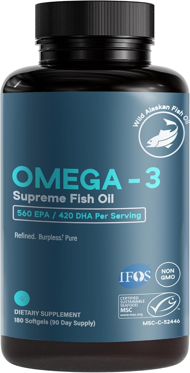 Omega-3 Supreme 1400 mg Wild Alaskan Fish Oil | Enteric Coated, Burpless | MSC Certified High EPA DHA, Improved Absorption & Heavy Metal Tested (3 Mo Supply,180 Softgels)