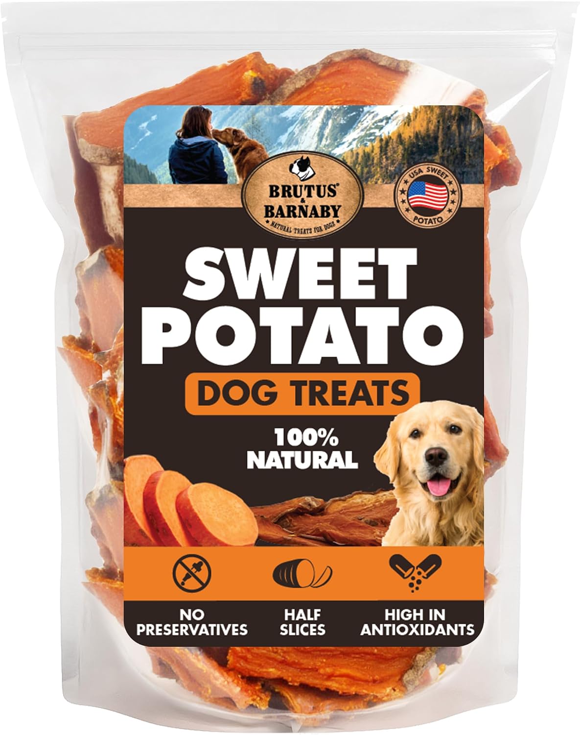 BRUTUS & BARNABY Dried Sweet Potato Dog Treats & Chews, Full Slices, 14 oz | Single ingredient, healthy, hypoallergenic; gentle on sensitive stomachs. Made in USA, thick cut for large breeds