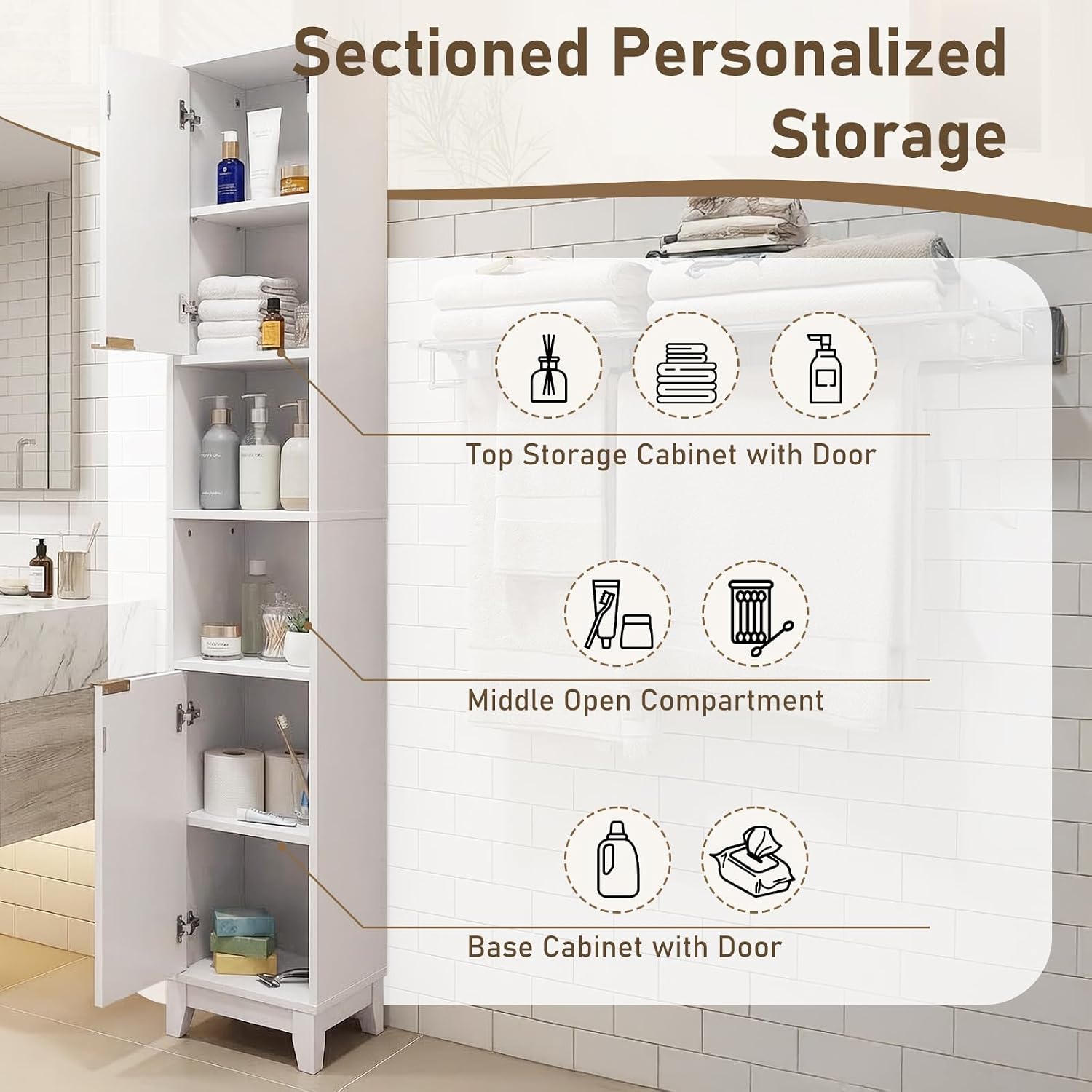 VINGLI White Fluted Tall Narrow Bathroom Cabinet, 67" Slim Freestanding Storage Cabinet for Small Spaces, Wood Linen Tower Floor Cabinet with 2 Doors