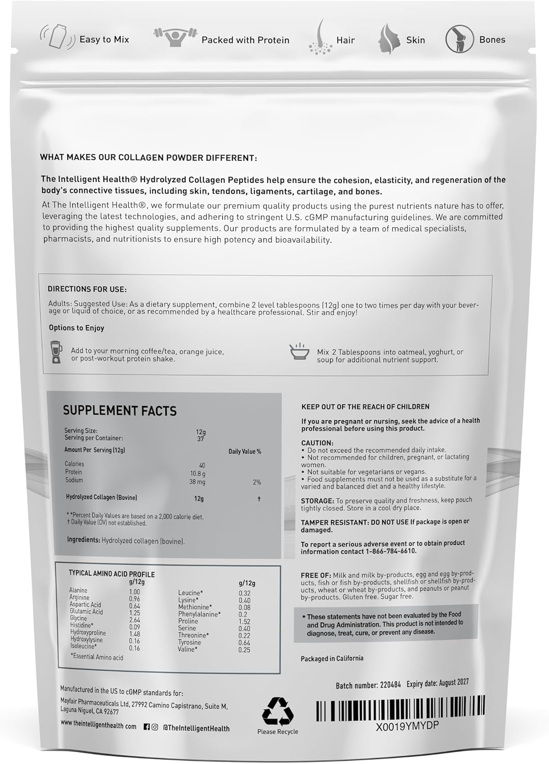 Collagen Peptides Powder, Hydrolyzed Collagen, Type I & III, 45 Servings | Grass Fed, Unflavored, Gluten Free, Keto/Paleo, Skin Support, Hair, Nail, Joints, 10g Servings, 15.9 Oz