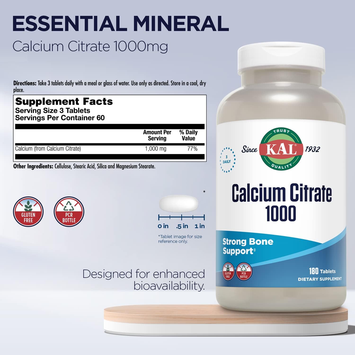 KAL Calcium Citrate 1000mg, Calcium Supplements for Women and Men, Bone Health, Teeth, Nervous, Muscular & Cardiovascular System Support, Gluten Free and Lab Verified, 60 Servings, 180 Tablets | Bone, Teeth, Muscle & Heart Support - Chelated Calcium Citr…