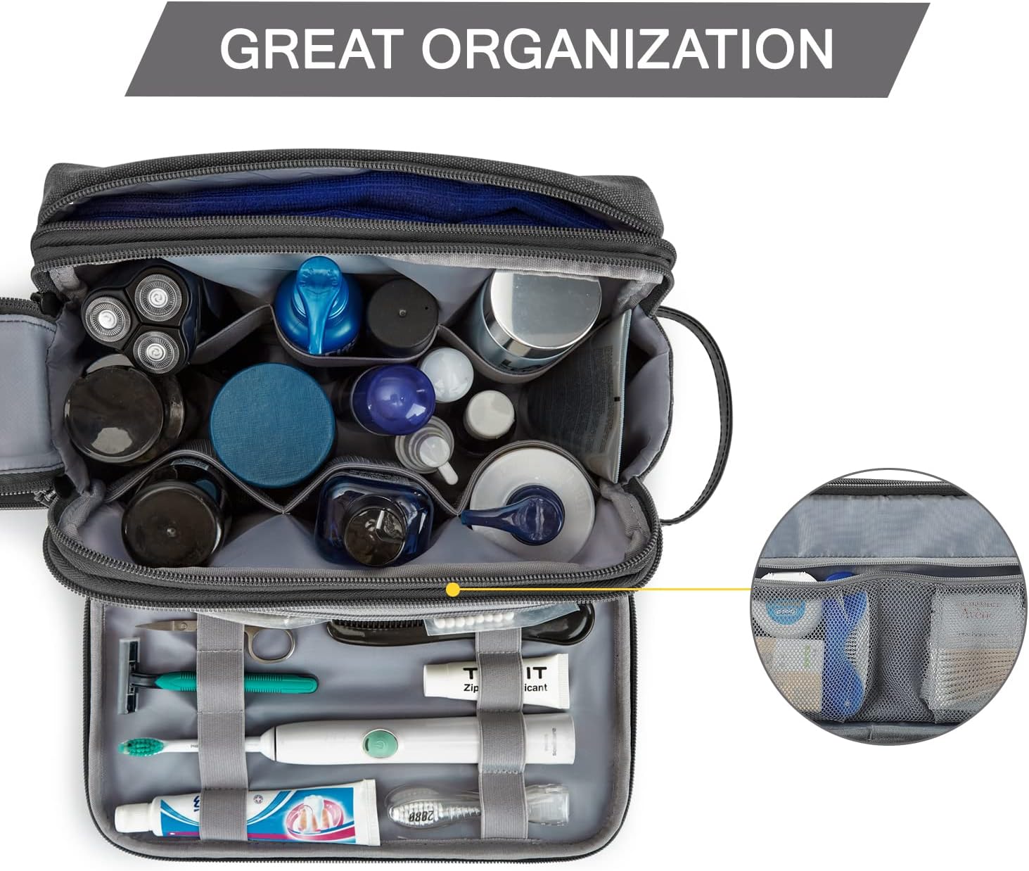 BAGSMART Toiletry Bag for Men, Canvas Travel Toiletry Organizer Dopp Kit Water-resistant Shaving Bag for Toiletries Accessories,Grey-Medium