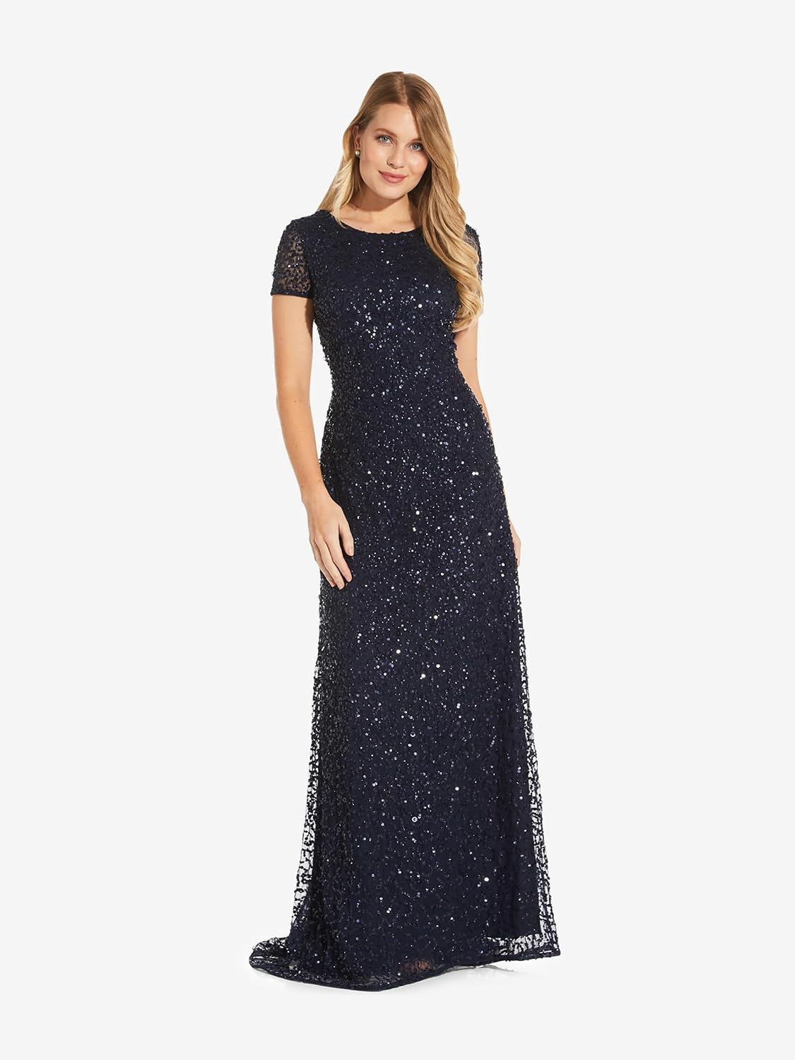 Adrianna Papell Womens Short-Sleeve All Over Sequin Gown