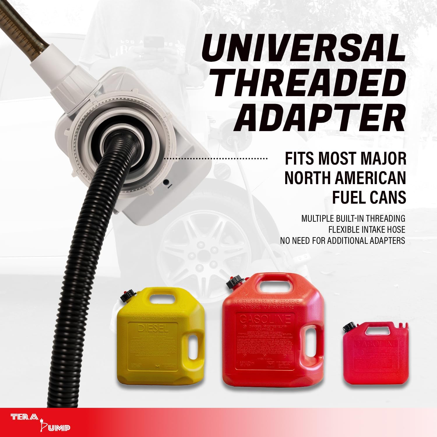 TERA PUMP Next Gen Garage Gas Can Pump with Auto-Stop | No Heavy Gas Can Lifting, 39" Strong Vinyl Hose, Flexible Intake Hose, Universal Adapter