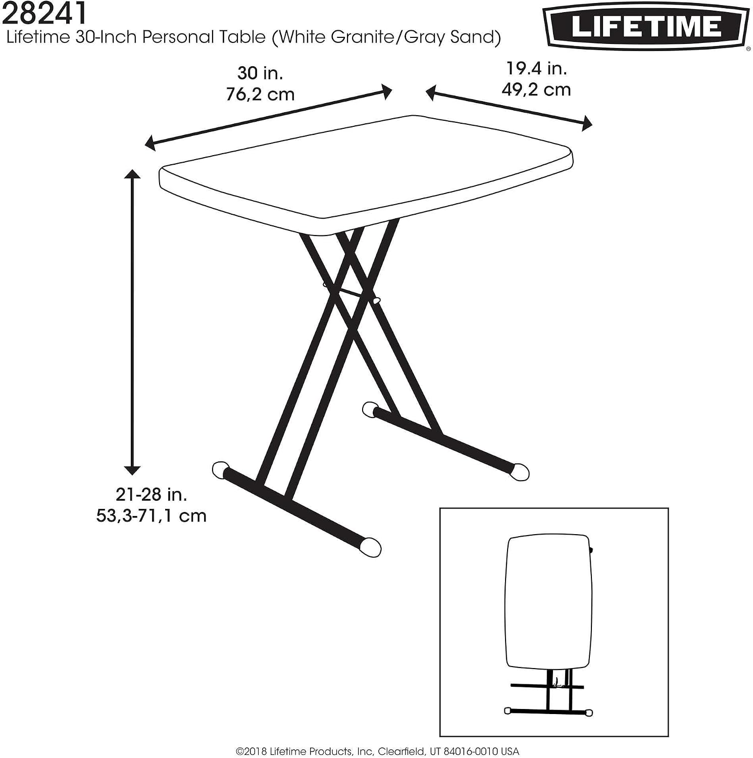 LIFETIME 80251 Adjustable Folding Laptop Table TV Tray, 26 Inch, White Granite