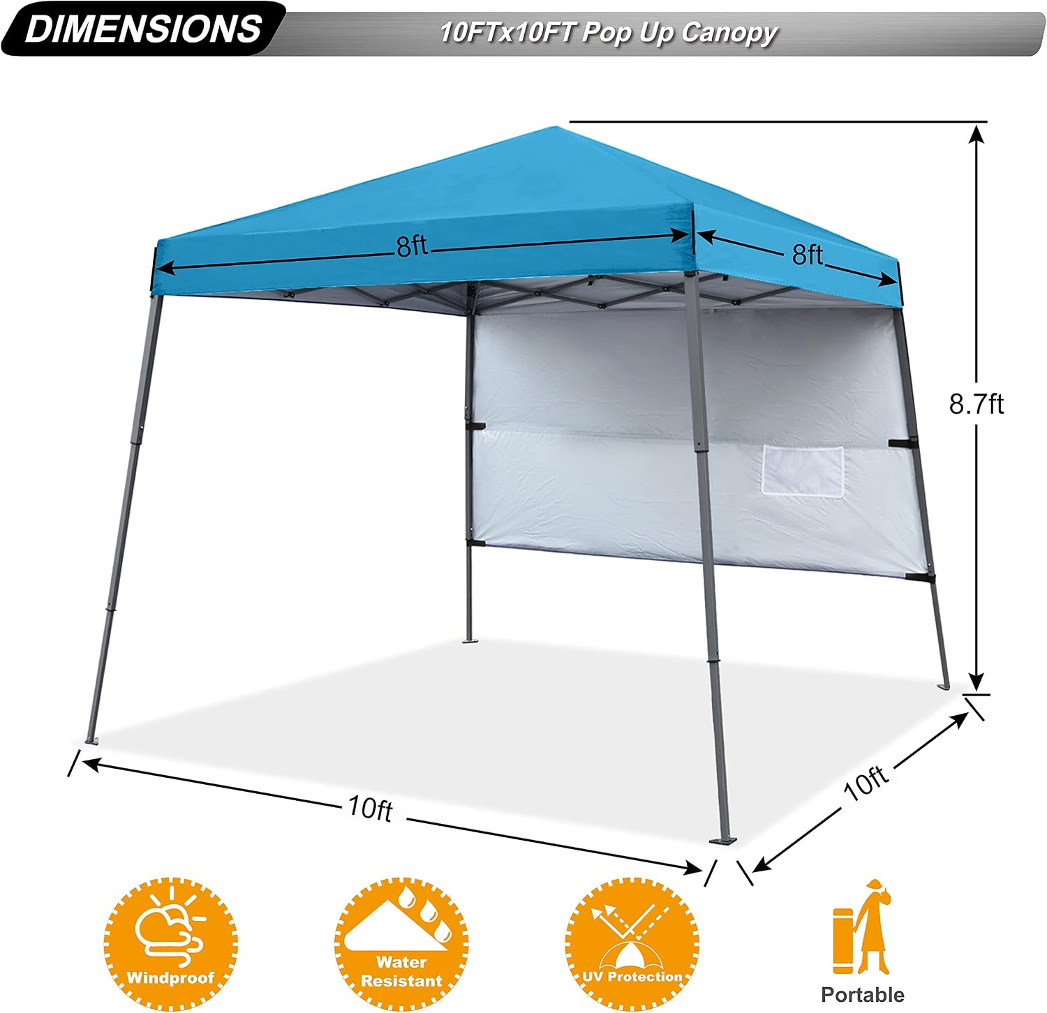 ABCCANOPY Outdoor Pop Up Canopy 10x10 Beach Camping Canopy with 1 Sun Wall, Bonus Backpack Bag, Stakes and Ropes, Sky Blue | Backpack Carry Bag, Stakes & Guy Ropes Included, Easy Setup; For Beach, Camping, Backyard
