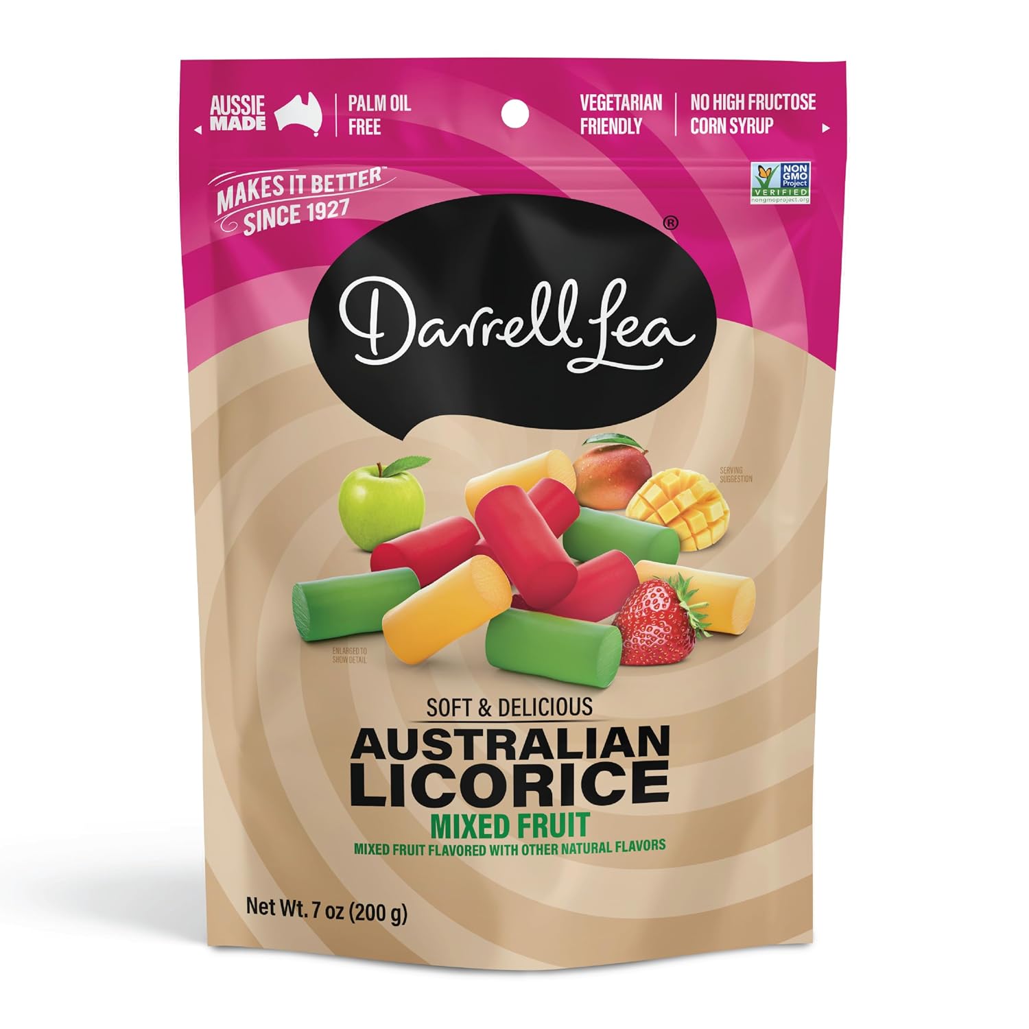 Darrell Lea Soft Australian Licorice, Non-GMO, No Palm Oil, Vegetarian Friendly, No High Fructose Corn Syrup, Soft & Chewy Licorice Candy, Made in Australia (Strawberry, 7 Ounce (Pack of 1))