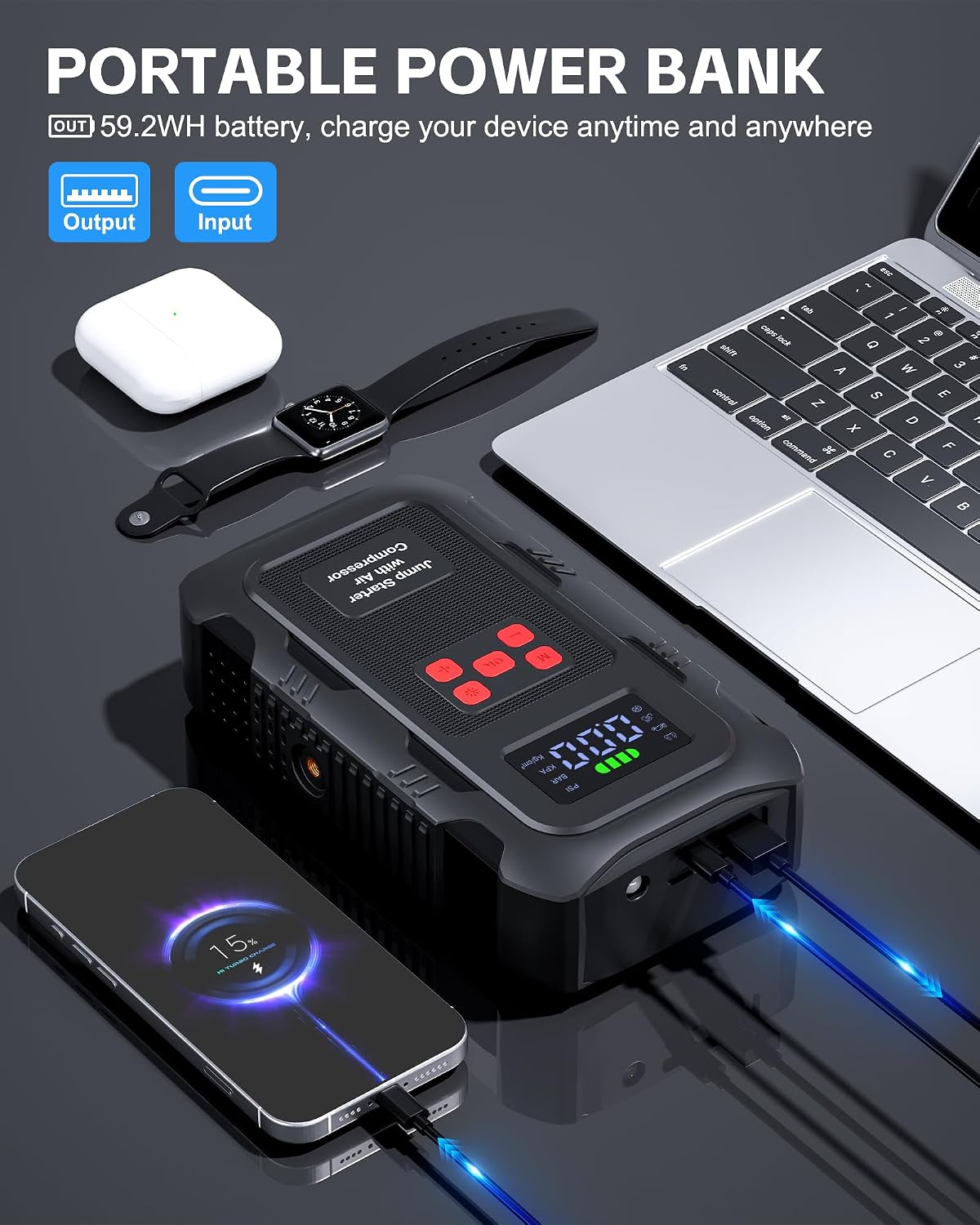 5000A Jump Starter with Air Compressor, Portable Car Battery Jump Starter with 150 PSI Tire Inflator for Up to 10.0L Gas and 8.0L Diesel Engines, 12V Jump Box Battery Charger Booster(Red)