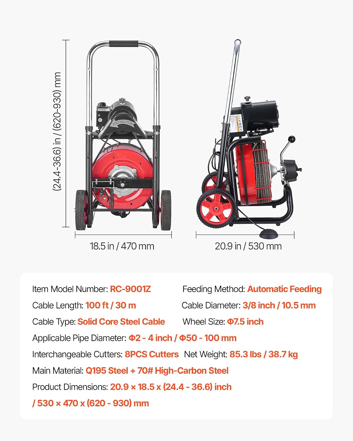 VEVOR Drain Cleaner Machine 75 FT x 3/8 Inch, Sewer Snake Auger Manual Feed with 4 Cutters & Air-activated Foot Switch for 2" to 4" Pipes