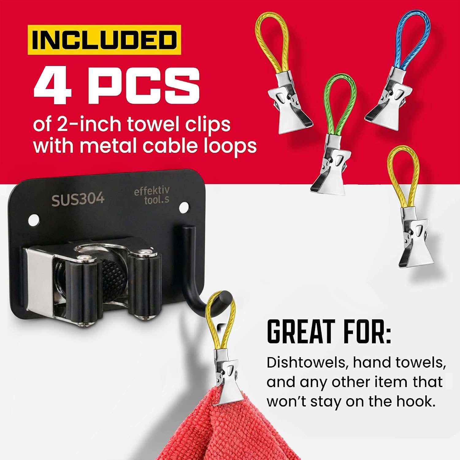 Wall Mount Hanger for Brooms & Mops - Adhesive Stainless Steel Mops & Broom Holder, 4 Clamps, 3 Hooks