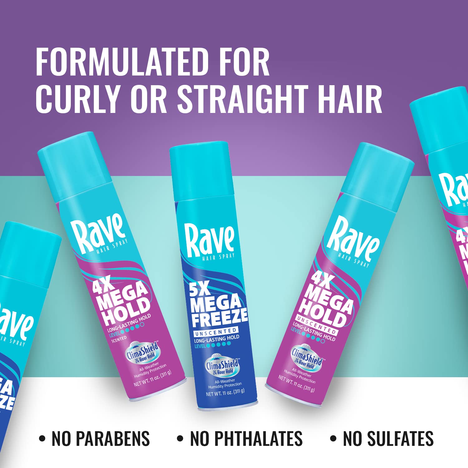 rave 4X Mega Unscented Aerosol Hairspray - Hair Spray for High Humidity Weather - 24-Hour Lasting Hold - Vitamin-Enhanced Hair Volume Spray - 11 oz