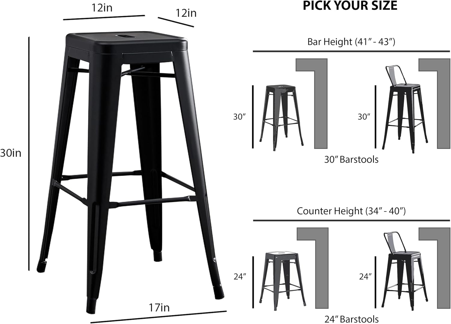 AC Pacific 30” Metal Barstool Set of 2 – Country Rustic Style with Low Back, Lightweight & Sturdy Build, Easy Assembly – Matte Black