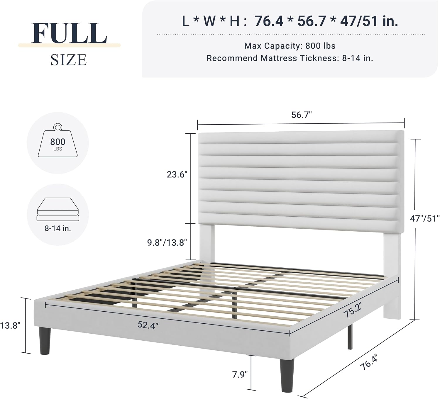 Allewie Queen Bed Frame, Velvet Upholstered Platform Bed with Adjustable Headboard, Horizontal Channel Design, Wood Slat Support, No Box Spring Needed, Noise Free, Easy Assembly, White
