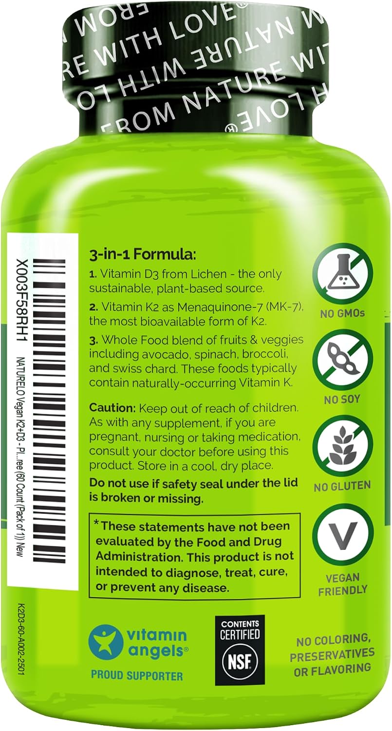 NATURELO Vitamin D3 K2, Vegan K2+D3 Supplement, 60 Capsules